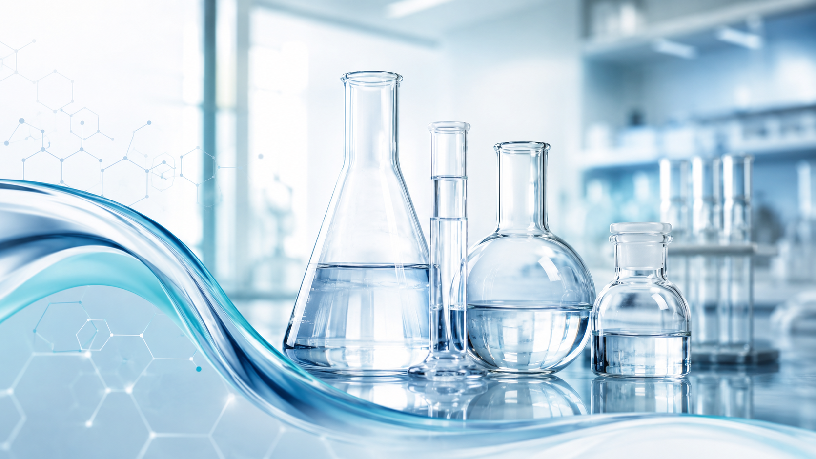 Szklane kolby i rozpuszczalniki chemiczne w nowoczesnym laboratorium